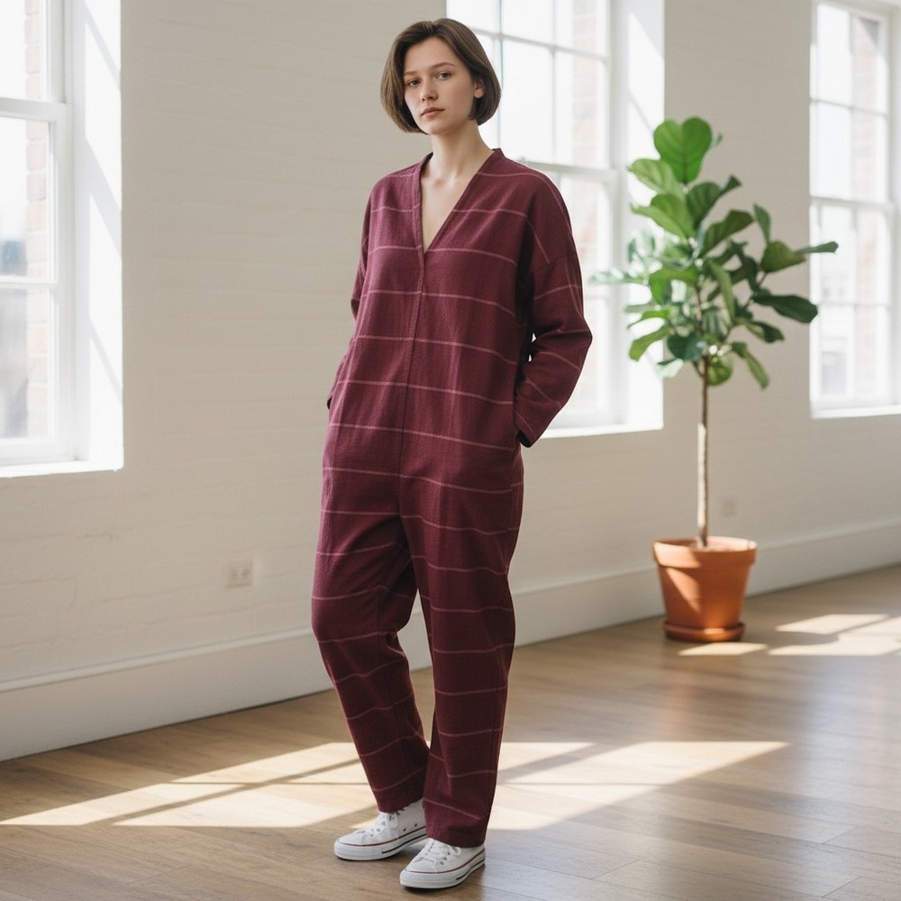 Sandrine Rose NWT SM Jumpsuit Red Burgundy Striped Handmade V-Neck Boho Utility